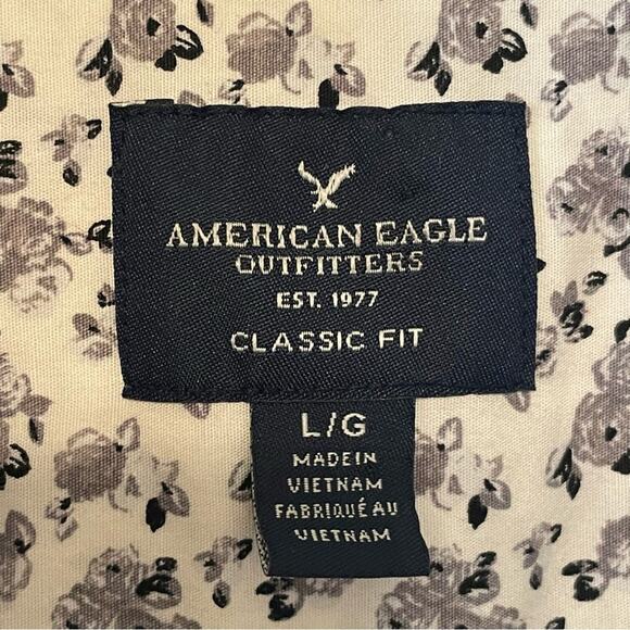 AEO L white purple floral casual button down t-shirt long sleeve summer classic - Picture 4 of 8